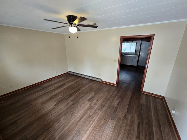 unfurnished room featuring ornamental molding, a baseboard radiator, ceiling fan, and dark wood-type flooring