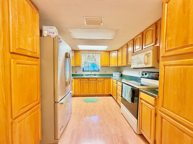 4955 County Road 36, Hartford, AL 36344 - kitchen featuring range with electric stovetop, white microwave, freestanding refrigerator, light wood-style flooring, and a sink