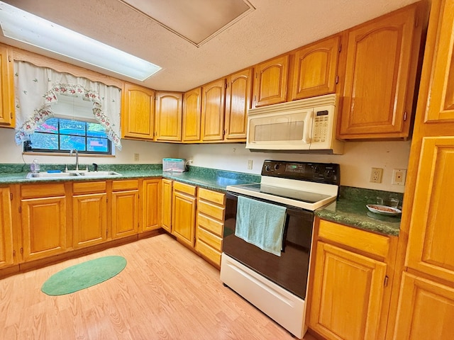 4955 County Road 36, Hartford, AL 36344 - kitchen with range with electric stovetop, white microwave, a sink, a textured ceiling, and light wood-style floors