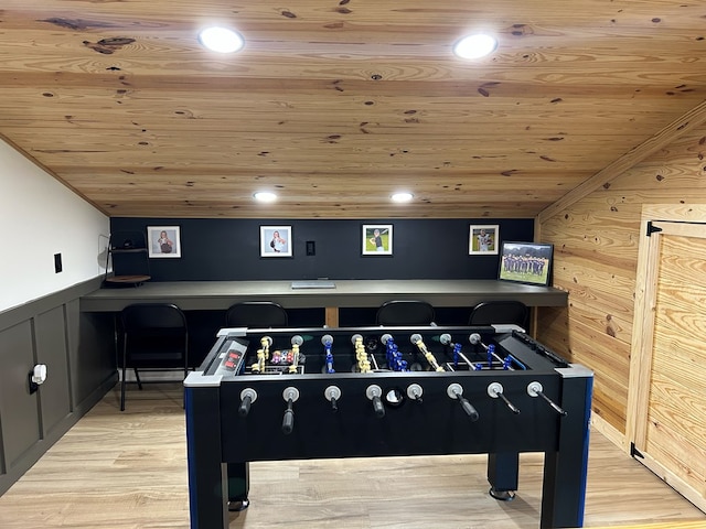 489 Skipper Rd, Malvern, AL 36375 - recreation room with wooden ceiling, a wainscoted wall, and light wood-type flooring