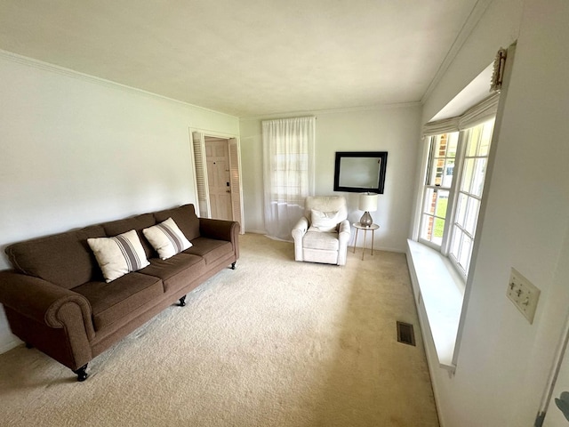 carpeted living room with crown molding