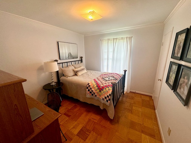 bedroom featuring dark parquet flooring and ornamental molding