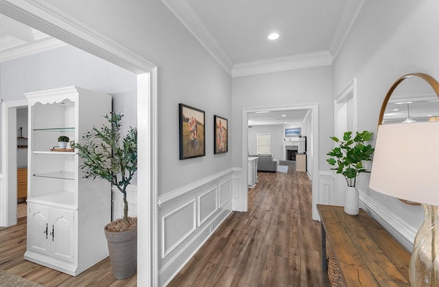 652 Charleston Mills Dr, Dothan, AL 36350 - corridor with a decorative wall, ornamental molding, recessed lighting, wainscoting, and wood finished floors