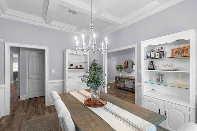 652 Charleston Mills Dr, Dothan, AL 36350 - dining room with visible vents, an inviting chandelier, ornamental molding, dark wood-style floors, and coffered ceiling