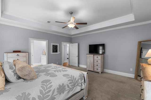 652 Charleston Mills Dr, Dothan, AL 36350 - carpeted bedroom with baseboards, ornamental molding, a ceiling fan, visible vents, and a raised ceiling