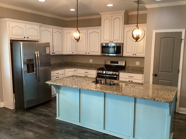 116 Jules Ln, Ashford, AL 36312 - kitchen featuring stainless steel appliances, dark wood-style floors, stone counters, recessed lighting, and ornamental molding