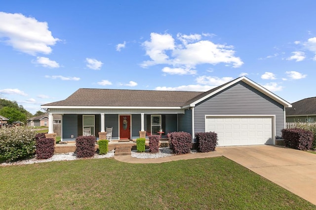 ranch-style house with an attached garage, driveway, a front yard, covered porch, and a shingled roof