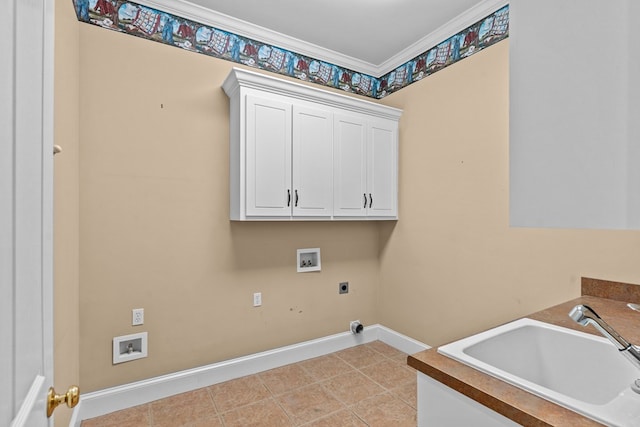 601 Edinburgh Way, Dothan, AL 36305 - laundry room featuring electric dryer hookup, washer hookup, cabinet space, crown molding, and baseboards