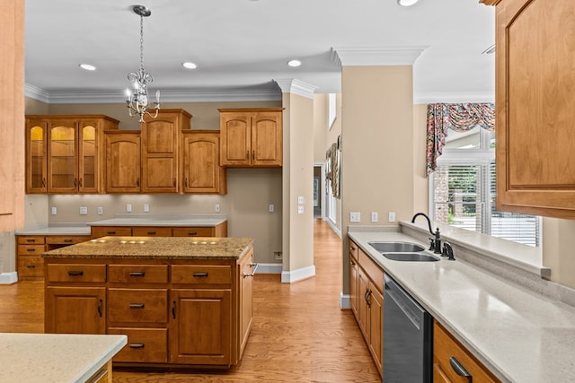 601 Edinburgh Way, Dothan, AL 36305 - kitchen featuring a sink, stainless steel dishwasher, brown cabinetry, light wood-style floors, and ornamental molding