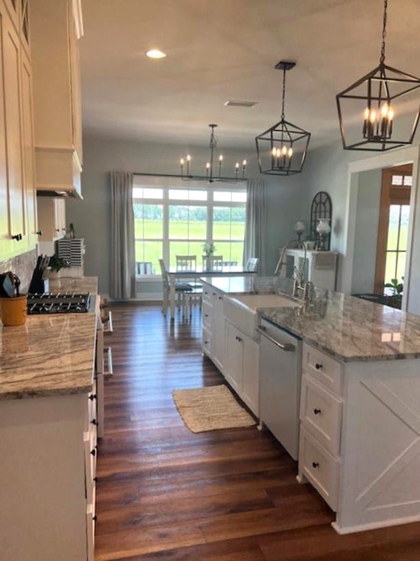 1015 Hardy Rd, Dothan, AL 36301 - kitchen featuring stainless steel dishwasher, dark wood finished floors, white cabinets, a large island, and healthy amount of natural light