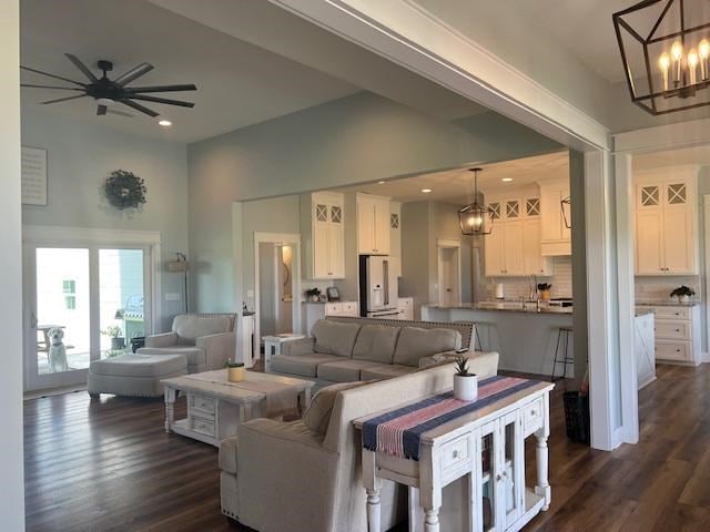 1015 Hardy Rd, Dothan, AL 36301 - living room featuring a chandelier, dark wood finished floors, ceiling fan, and recessed lighting