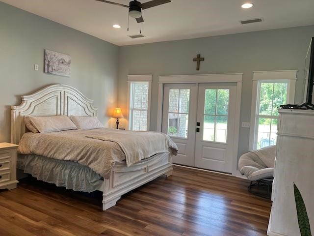 1015 Hardy Rd, Dothan, AL 36301 - bedroom featuring access to exterior, dark wood finished floors, french doors, recessed lighting, and a ceiling fan