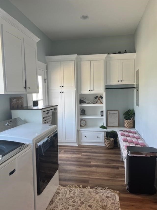 1015 Hardy Rd, Dothan, AL 36301 - washroom featuring washer and clothes dryer, cabinet space, and dark wood-style floors
