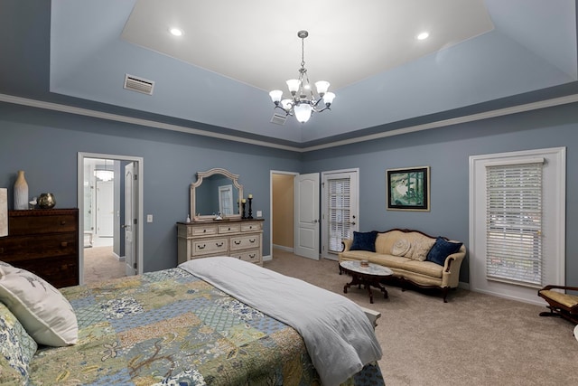 bedroom featuring a raised ceiling, light carpet, and a chandelier