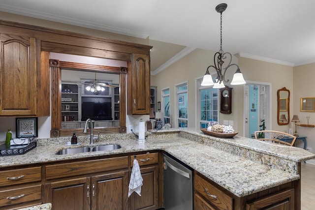 kitchen with dishwasher, crown molding, sink, light hardwood / wood-style floors, and kitchen peninsula