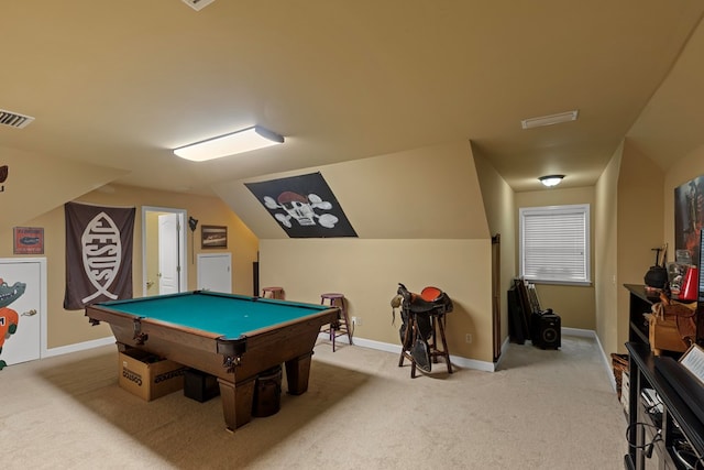 recreation room featuring light colored carpet, lofted ceiling, and pool table