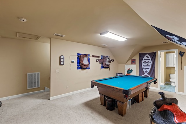 rec room featuring light carpet, lofted ceiling, and pool table