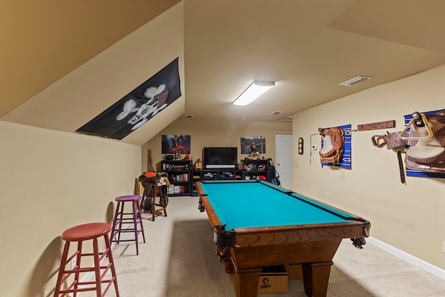 recreation room featuring lofted ceiling, light carpet, and pool table