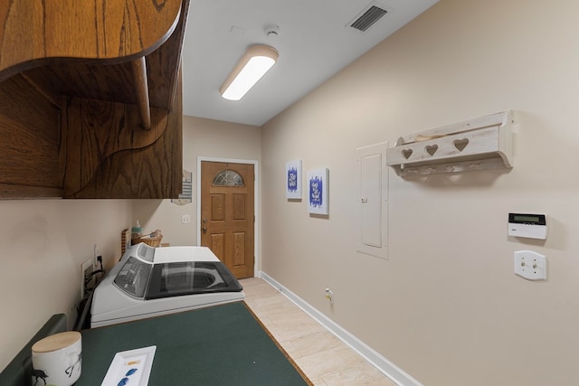 laundry area with cabinets, washer / dryer, and electric panel