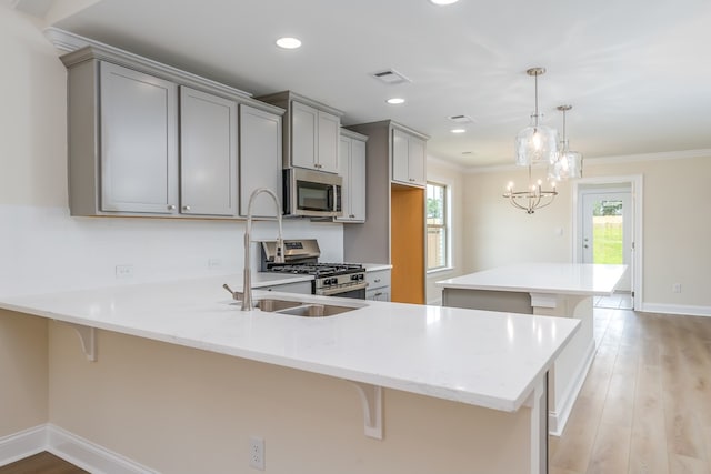kitchen with a breakfast bar area, gray cabinets, and appliances with stainless steel finishes