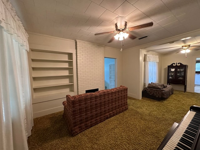 111 Helen St, Dothan, AL 36301 - carpeted living room featuring a ceiling fan, ornamental molding, and built in features