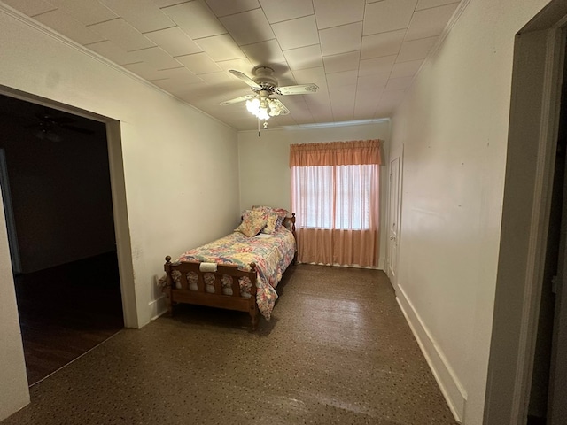 111 Helen St, Dothan, AL 36301 - bedroom featuring crown molding, baseboards, speckle patterned floor, and ceiling fan