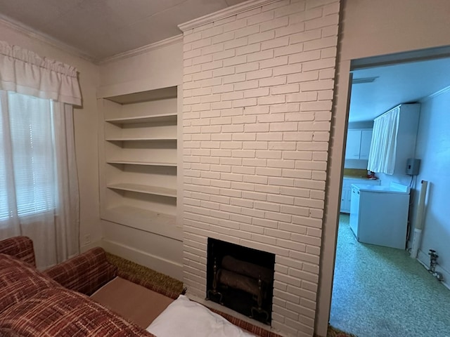 111 Helen St, Dothan, AL 36301 - carpeted living area with ornamental molding, built in features, and a fireplace