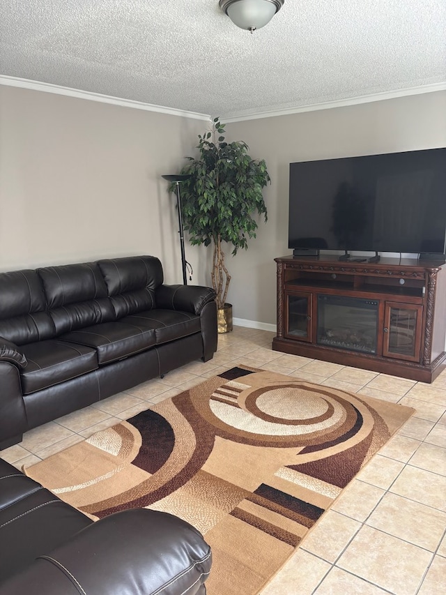 living room with tile patterned floors, crown molding, and a textured ceiling