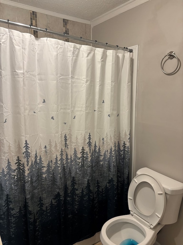 bathroom with crown molding, a textured ceiling, toilet, and a shower with curtain