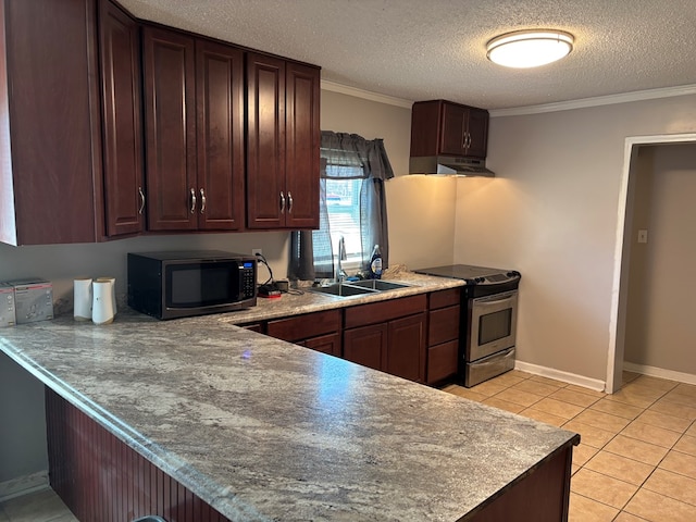 kitchen featuring a sink, a peninsula, ornamental molding, light tile patterned floors, and appliances with stainless steel finishes