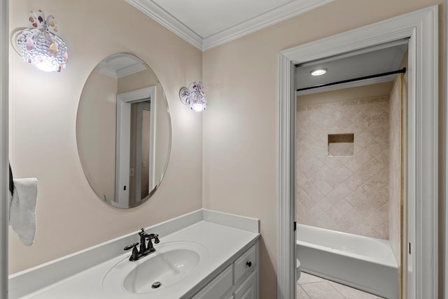 bathroom featuring crown molding, tile patterned flooring, vanity, and toilet