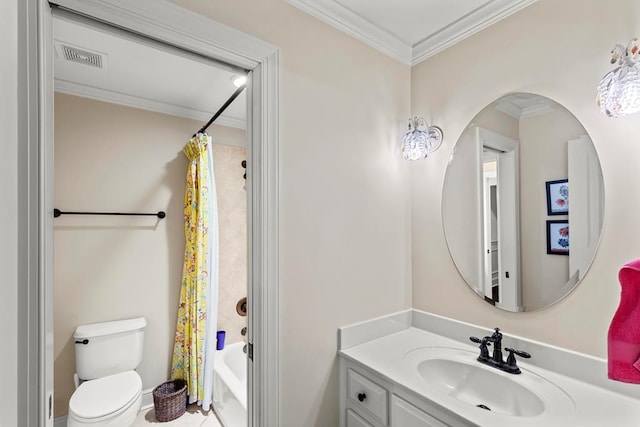 full bathroom featuring vanity, toilet, ornamental molding, and shower / tub combo with curtain