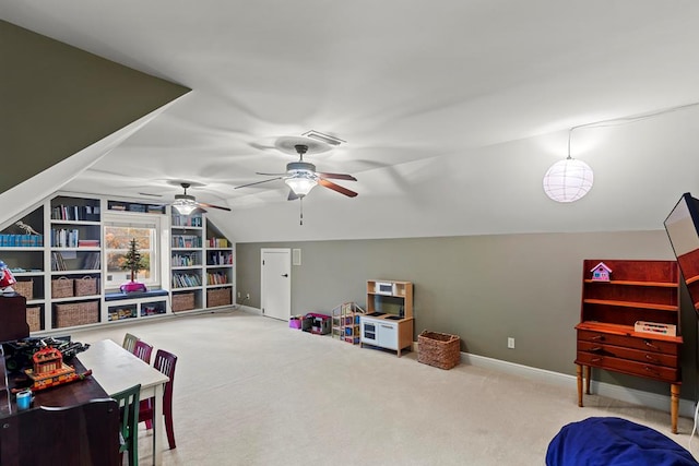 game room with carpet flooring, ceiling fan, and lofted ceiling