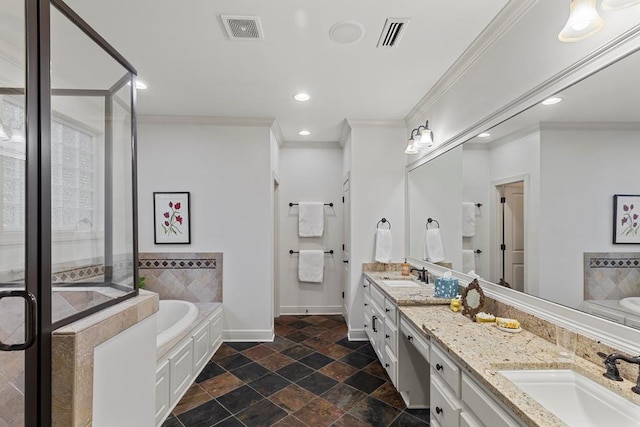 bathroom with vanity, shower with separate bathtub, and ornamental molding