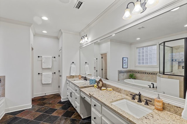 bathroom featuring vanity, shower with separate bathtub, and ornamental molding