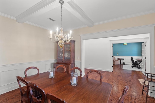 dining room with beamed ceiling, a notable chandelier, dark hardwood / wood-style flooring, and crown molding