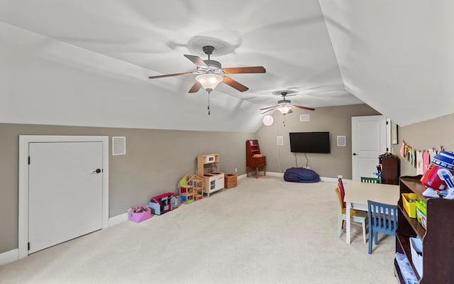 205 Marigold Ln, Dothan, AL 36305 - game room with carpet flooring, a ceiling fan, lofted ceiling, and baseboards