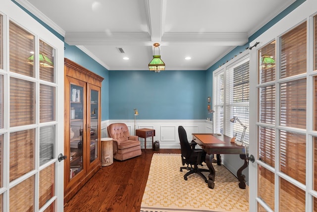 office area with beamed ceiling, french doors, dark hardwood / wood-style flooring, and ornamental molding