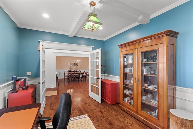 home office featuring beam ceiling, french doors, dark hardwood / wood-style flooring, a chandelier, and ornamental molding