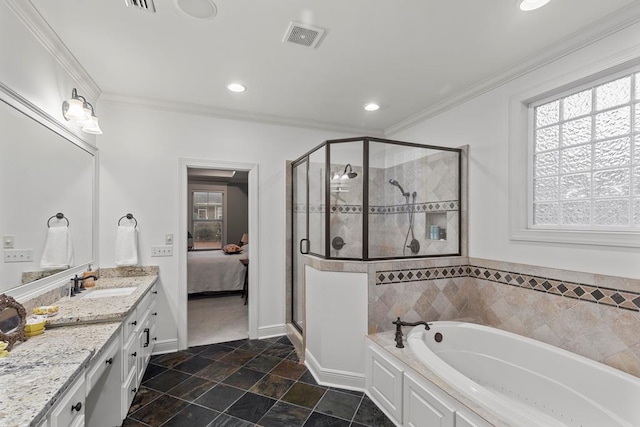 bathroom featuring vanity, independent shower and bath, and ornamental molding