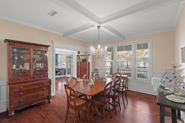 205 Marigold Ln, Dothan, AL 36305 - dining room with coffered ceiling, dark wood-style flooring, a chandelier, ornamental molding, and beamed ceiling