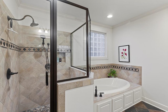 bathroom featuring crown molding and shower with separate bathtub