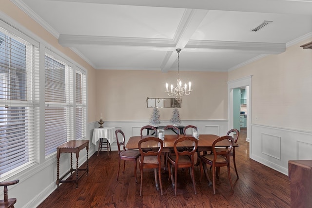 dining area with beam ceiling, dark wood-type flooring, coffered ceiling, a notable chandelier, and crown molding