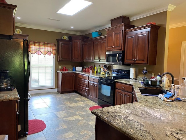 kitchen featuring sink, ornamental molding, black appliances, and light stone countertops