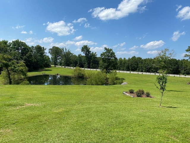 view of community with a water view and a lawn