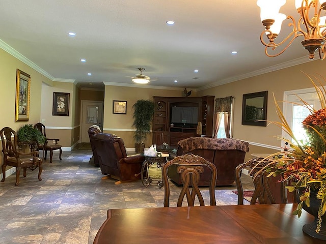 living room with ornamental molding and ceiling fan with notable chandelier