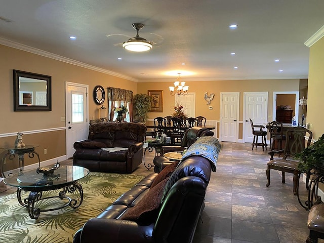 living room featuring crown molding and a chandelier