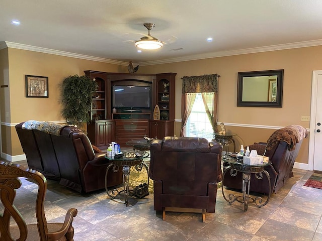 living room with ornamental molding