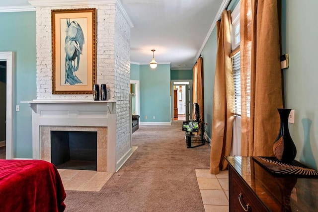 corridor featuring light carpet and ornamental molding