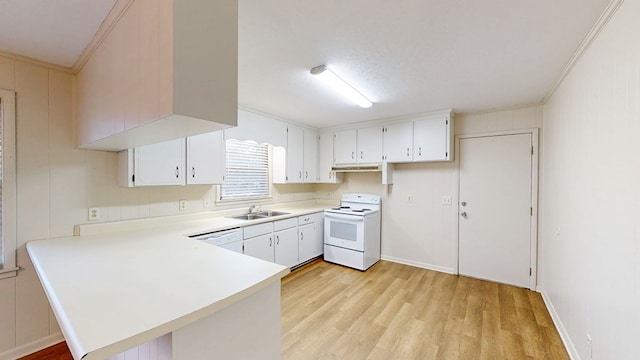 kitchen featuring sink, light wood-type flooring, kitchen peninsula, white appliances, and white cabinets